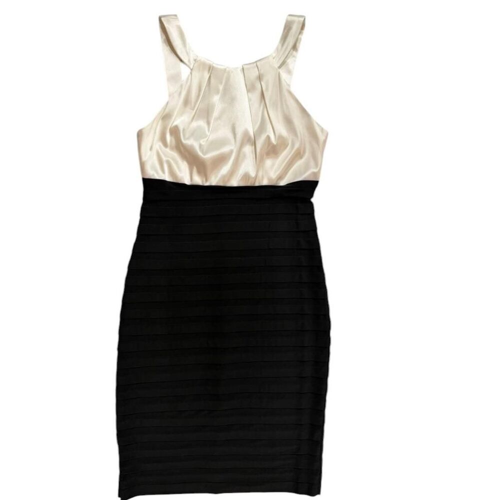 XSCAPE by Johanna Char cream and black bodycon dress